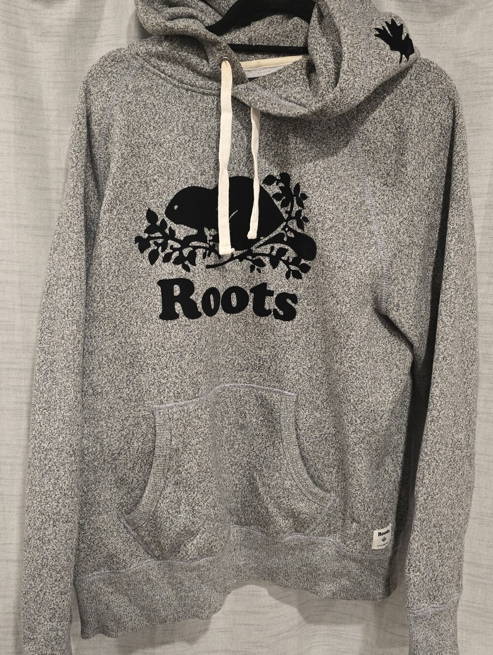 Roots Men's Heather Gray Crewneck Hoodie with Black Logo